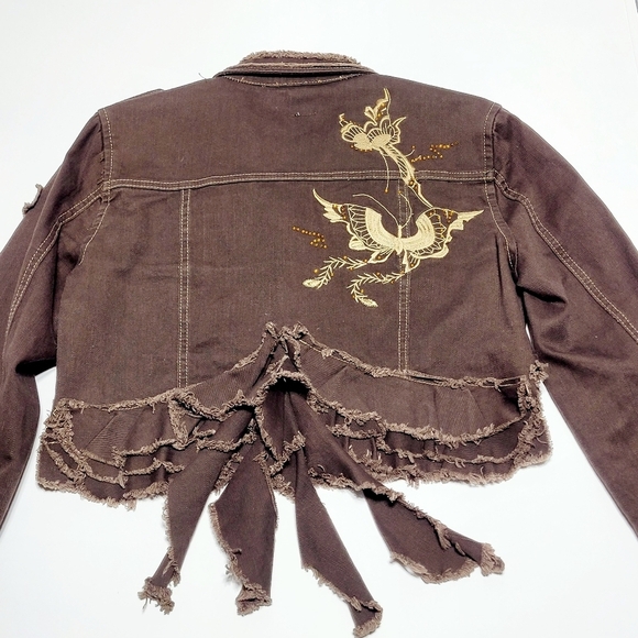 Banana Dark Brown Denim Crop Raw Edge Military Jacket Women's (S**) Made in USA - Picture 12 of 14